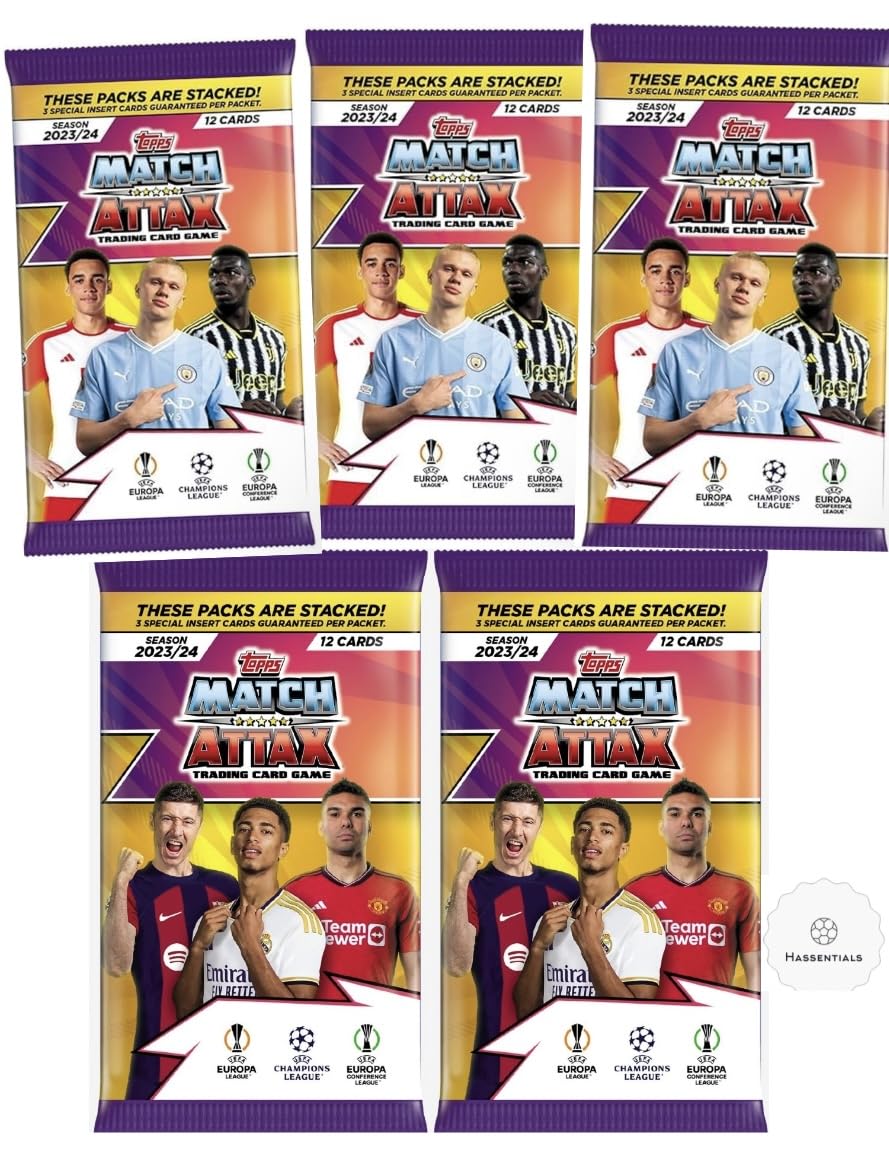Match Attax Topps 23/24 New Premier League Soccer Trading Cards League Trading Cards x 5 Packet Bundle - Soccer Cards 2024 with Hassentials Sticker