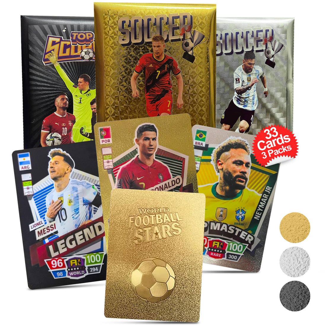 Soccer Trading Cards 2024-25 | 3 Packs - 33 Collectible Cards for Fans &amp; Players Black, Gold &amp; Silver Soccer Mystery Cards Packs Different Cards in Each Set - Try &amp; Collect Them All